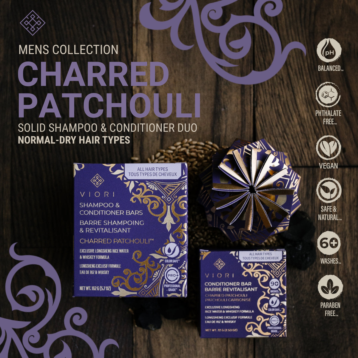 Men's Collection Charred Patchouli solid shampoo and conditioner for normal to dry hair