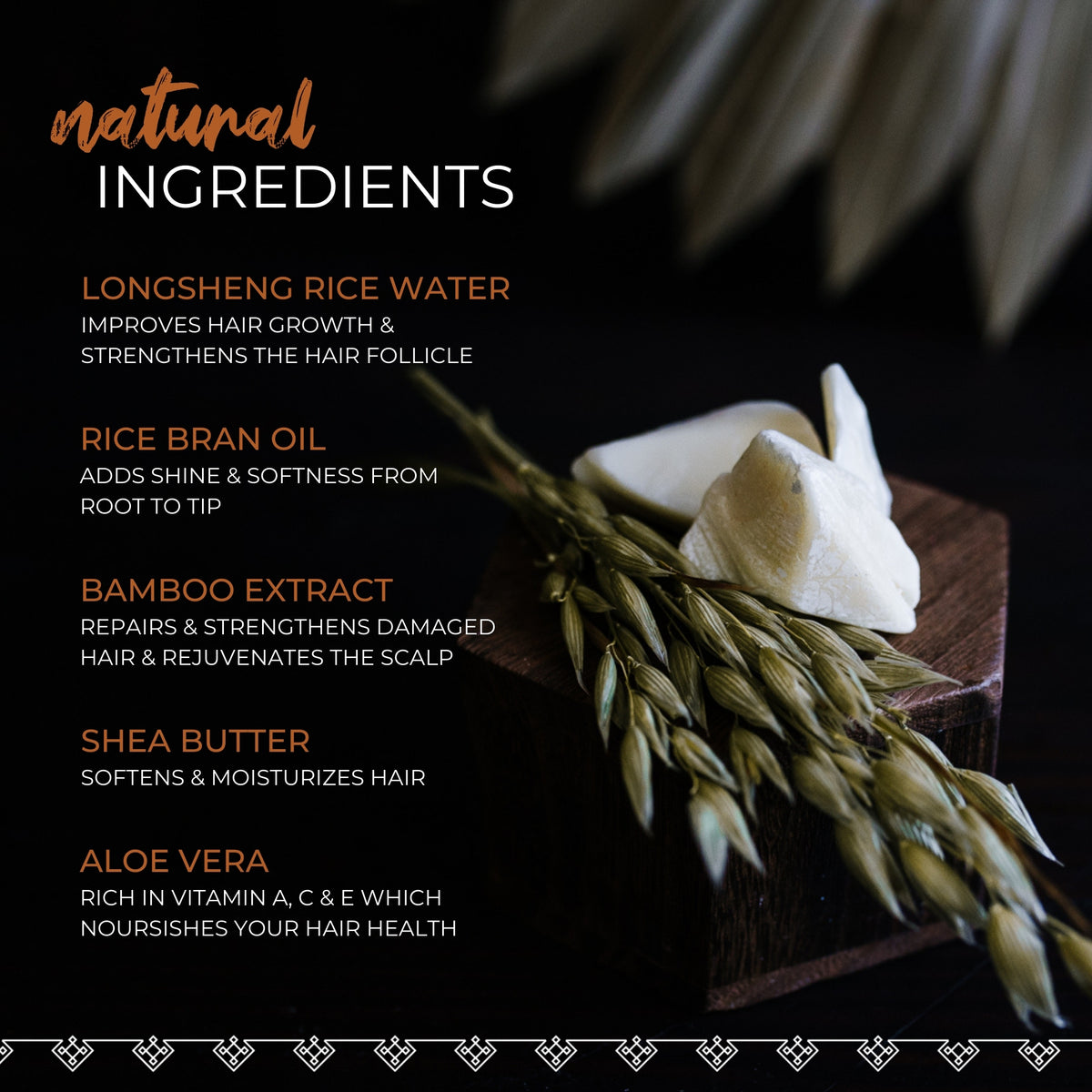Natural ingredients list beside dried oats and a conditioner bar