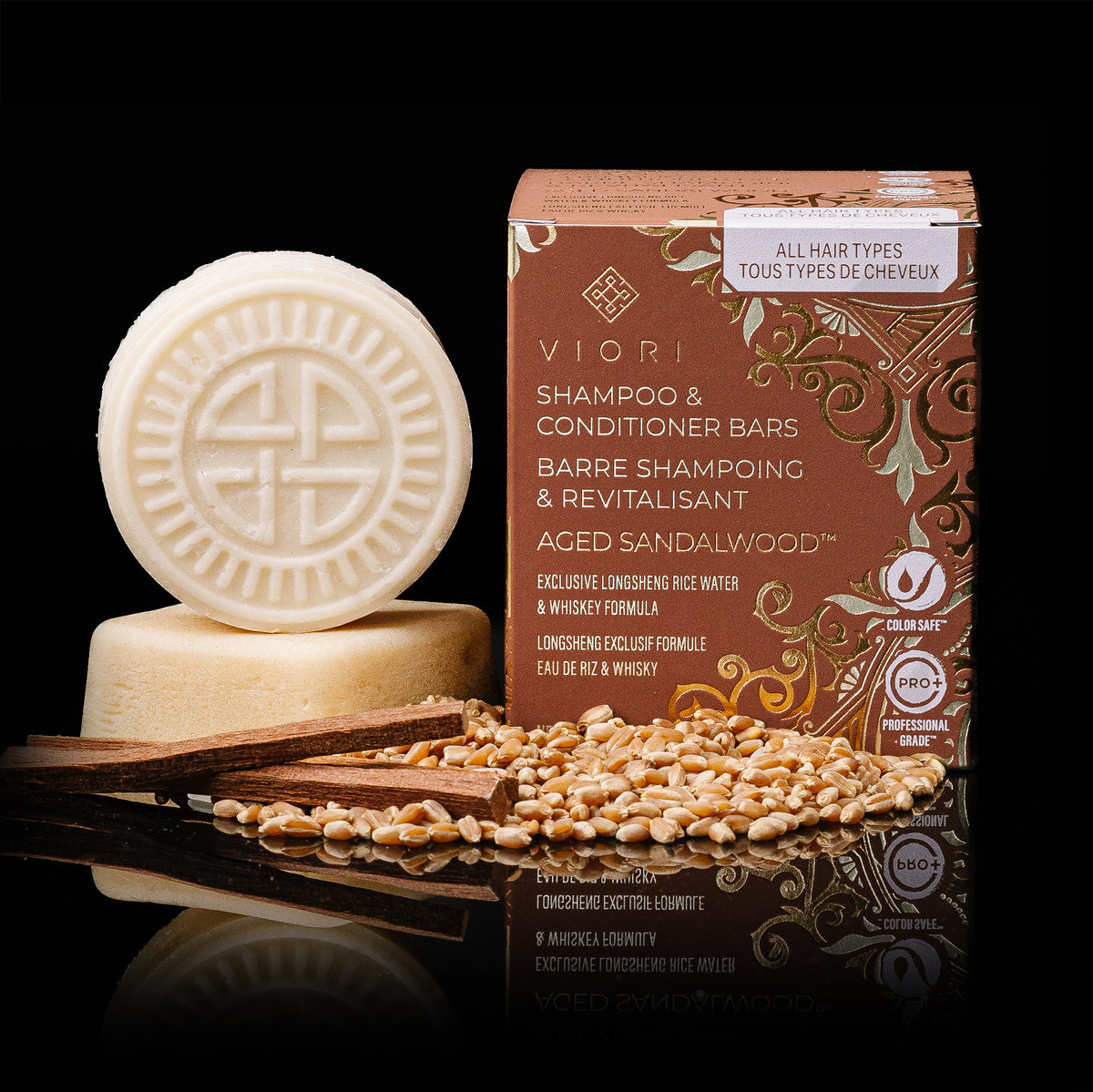 Men's Aged Sandalwood shampoo and conditioner bars with box and sandalwood sticks