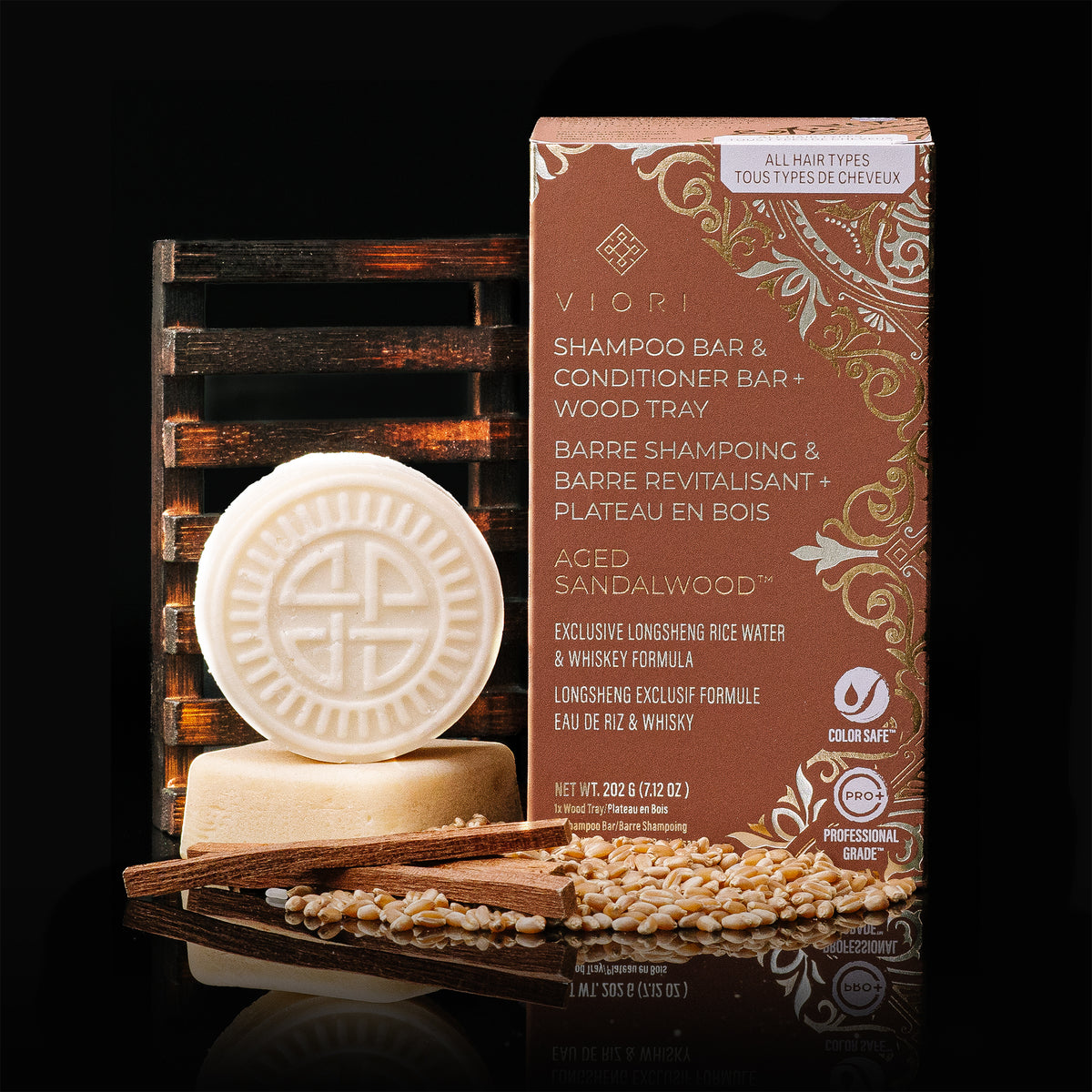 Men's Aged Sandalwood shampoo and conditioner bars with wood tray, box and sandalwood