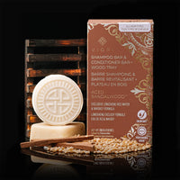 Men's Aged Sandalwood shampoo and conditioner bars with wood tray, box and sandalwood