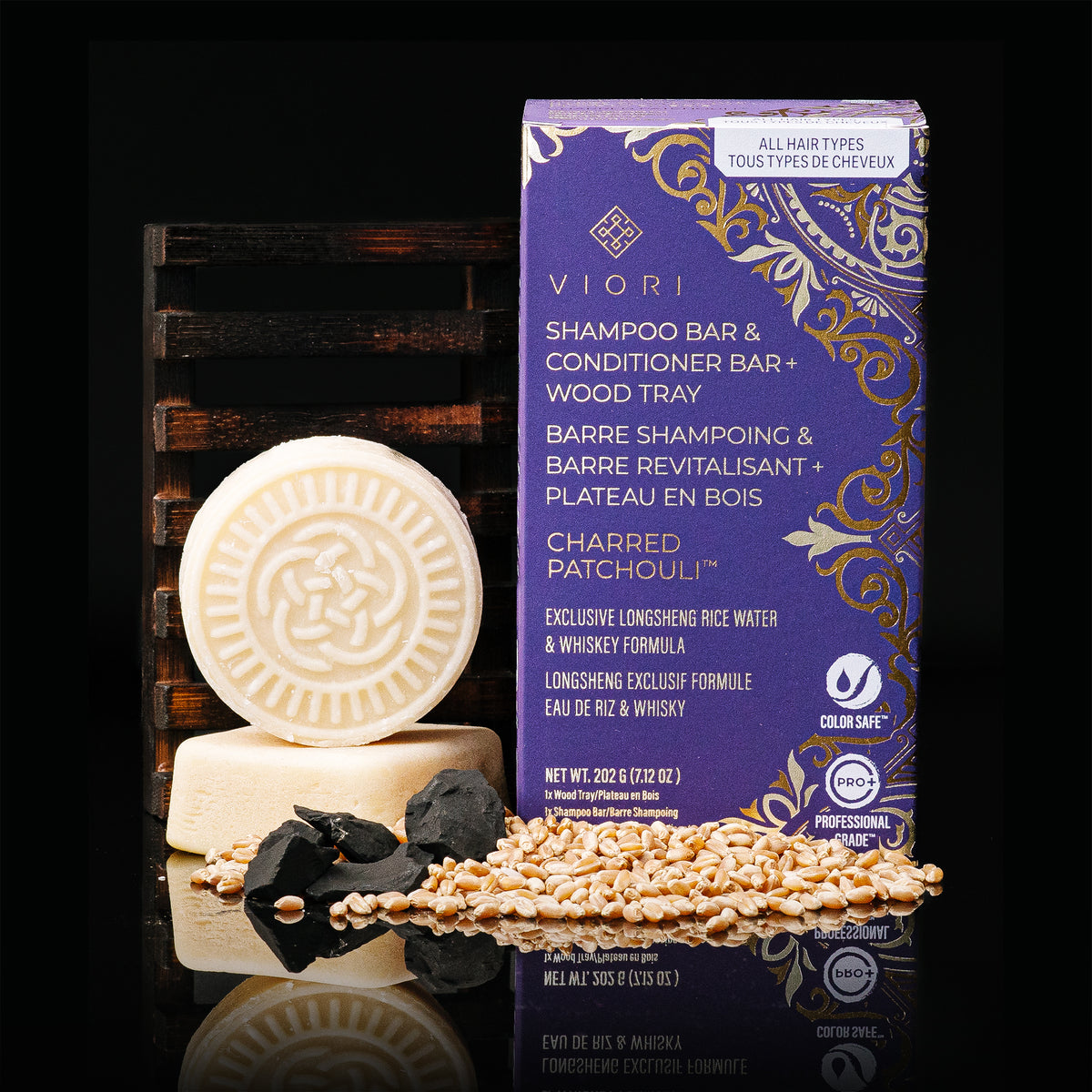 Men's Charred Patchouli shampoo and conditioner bars with wood tray, box and charcoal