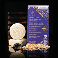 Men's Charred Patchouli shampoo and conditioner bars with wood tray, box and charcoal