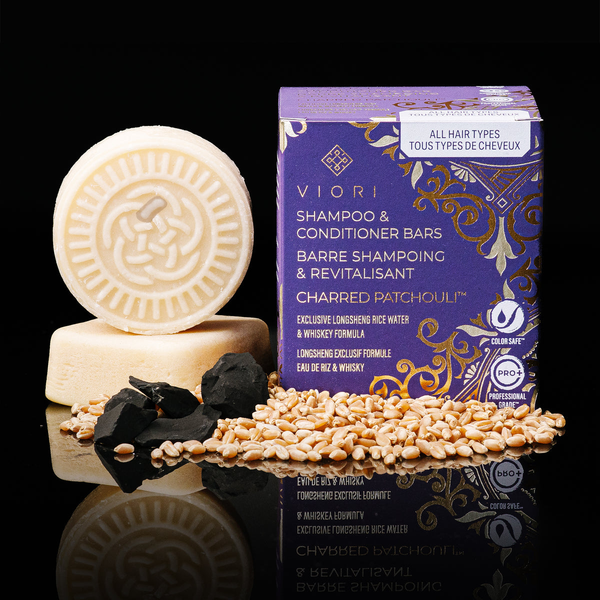 Men's Charred Patchouli shampoo and conditioner bars with box and charcoal