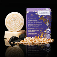 Men's Charred Patchouli shampoo and conditioner bars with box and charcoal