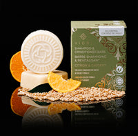 Men's Citron & Ginger shampoo and conditioner bars with box, oranges and rice