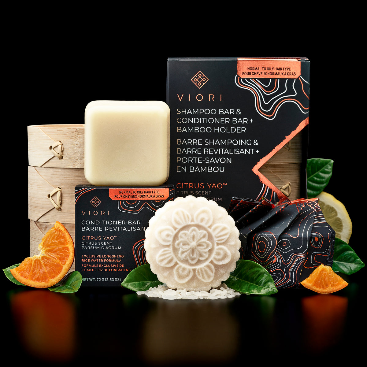 Citrus Yao shampoo bar, conditioner bar and bamboo holder set with box