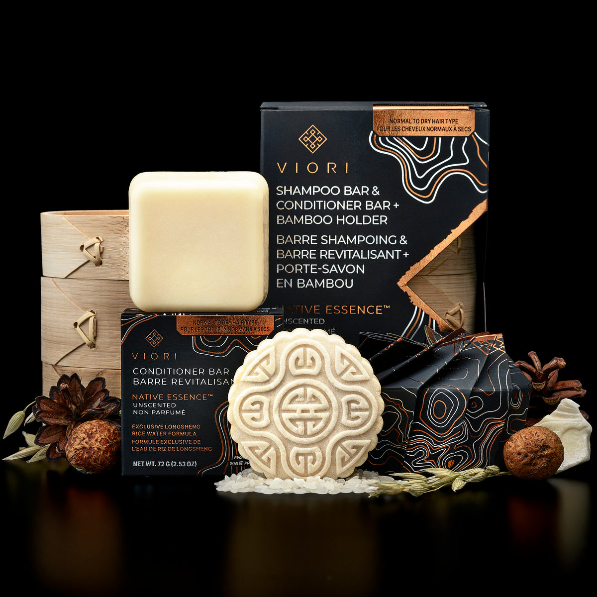 Native Essence shampoo bar, conditioner bar and bamboo holder set with box