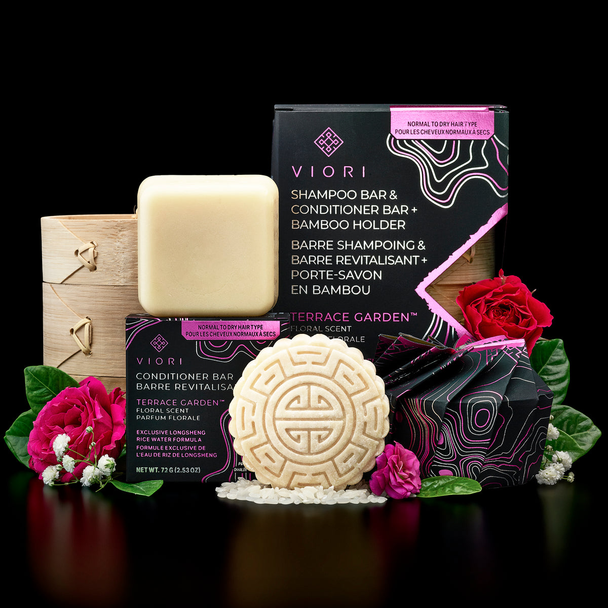 Terrace Garden shampoo bar, conditioner bar and bamboo holder set with box