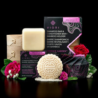 Terrace Garden shampoo bar, conditioner bar and bamboo holder set with box