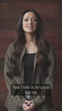 Video: woman with long dark hair talking to the camera, captioned "Tea tree is known for its"