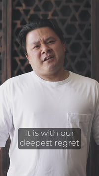 Video: man in a white t-shirt talking to the camera, captioned "It is with our deepest regret"