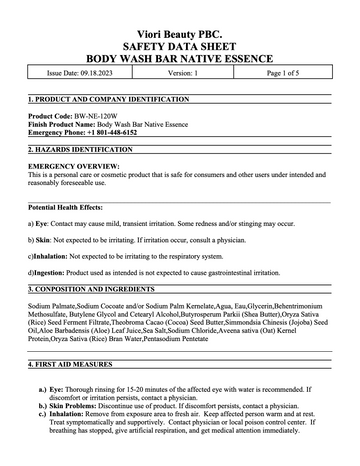 Body wash bar native essence SDS page 1