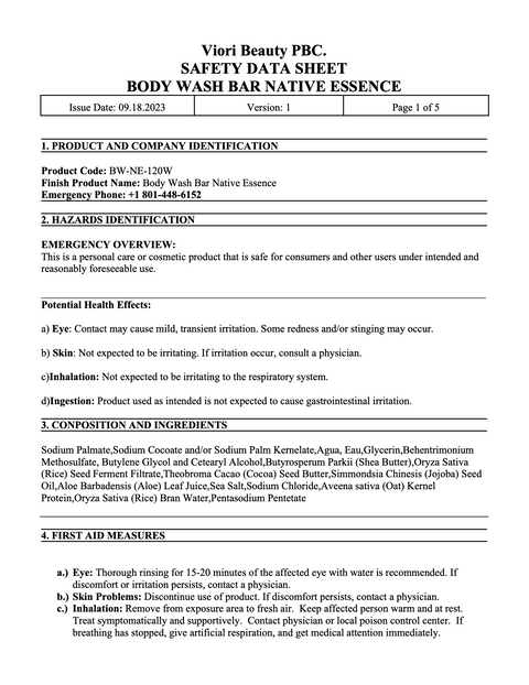 Body wash bar native essence SDS page 1