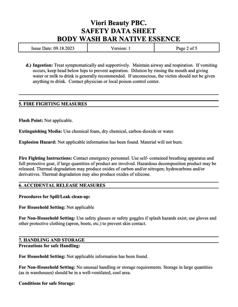 Body wash bar native essence SDS page 2