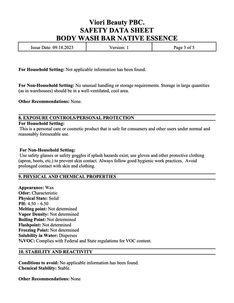 Body wash bar native essence SDS page 3