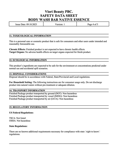 Body wash bar native essence SDS page 4