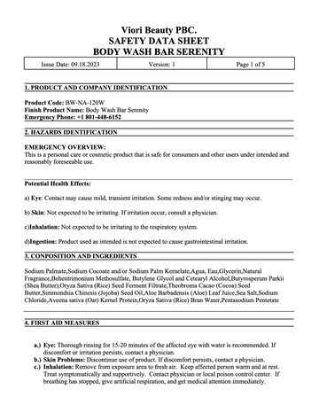Body wash bar Serenity SDS page 1