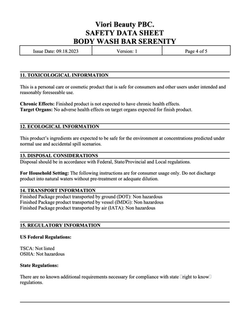 Body wash bar Serenity SDS page 4
