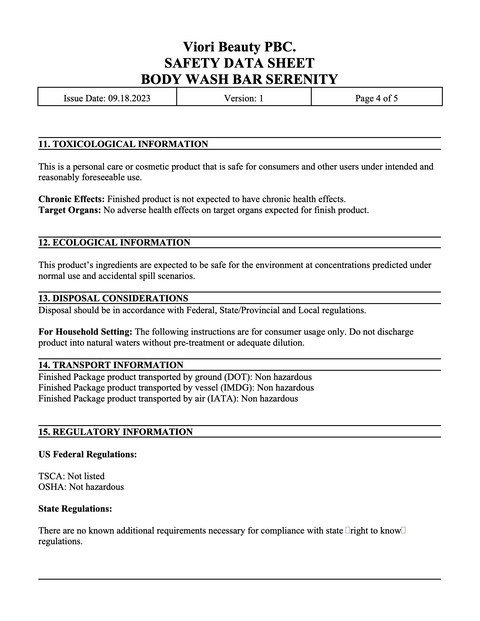 Body wash bar Serenity SDS page 4