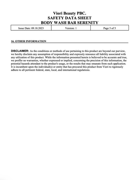 Body wash bar Serenity SDS page 5