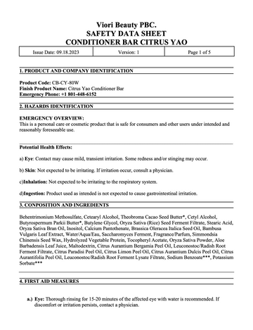 Citrus Yao conditioner bar MSDS page 1