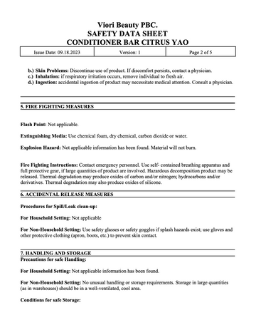 Citrus Yao conditioner bar MSDS page 2