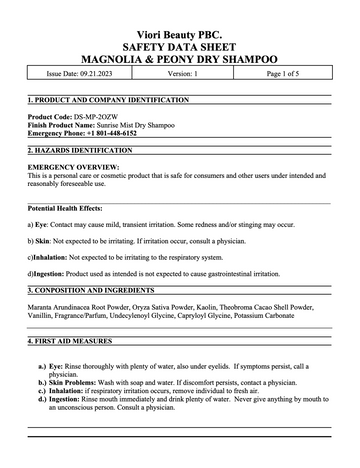 Hidden waterfall conditioner bar MSDS page 1