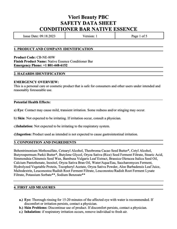 Native essence conditioner bar MSDS page 1