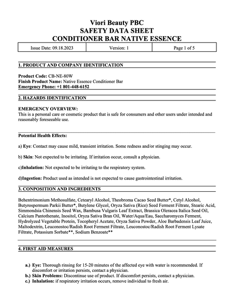 Native essence conditioner bar MSDS page 1