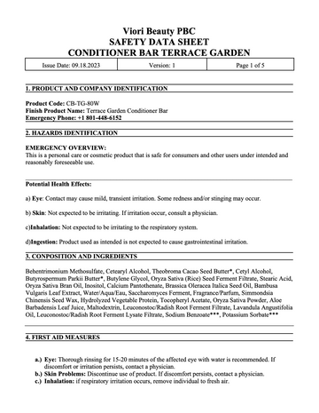 Terrace garden conditioner bar MSDS page 1